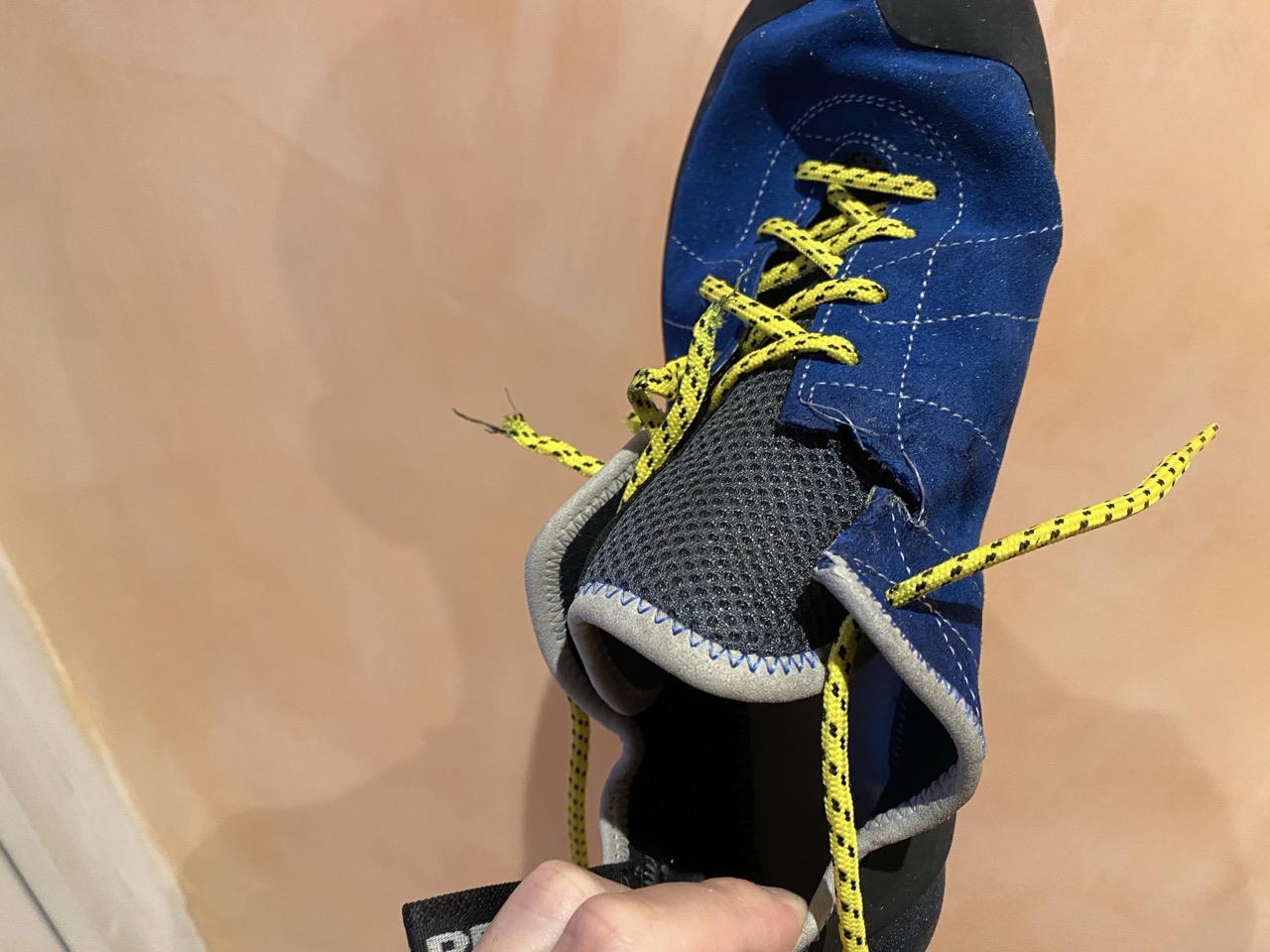 A blue climbing shoe. It’s been ripped on the side and one of the laces is torn.