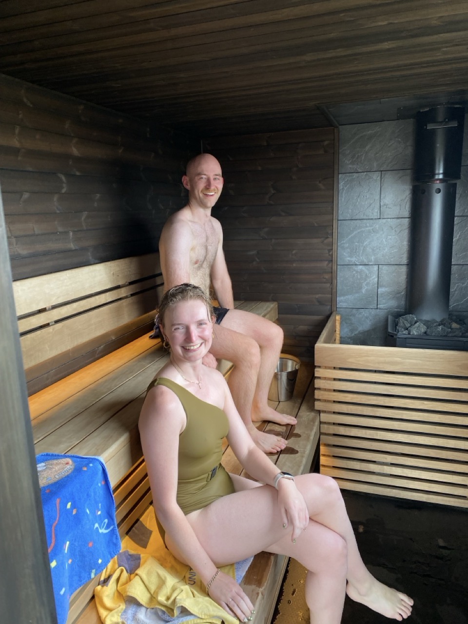 Lucy and JW in the sauna looking very happy and warm.