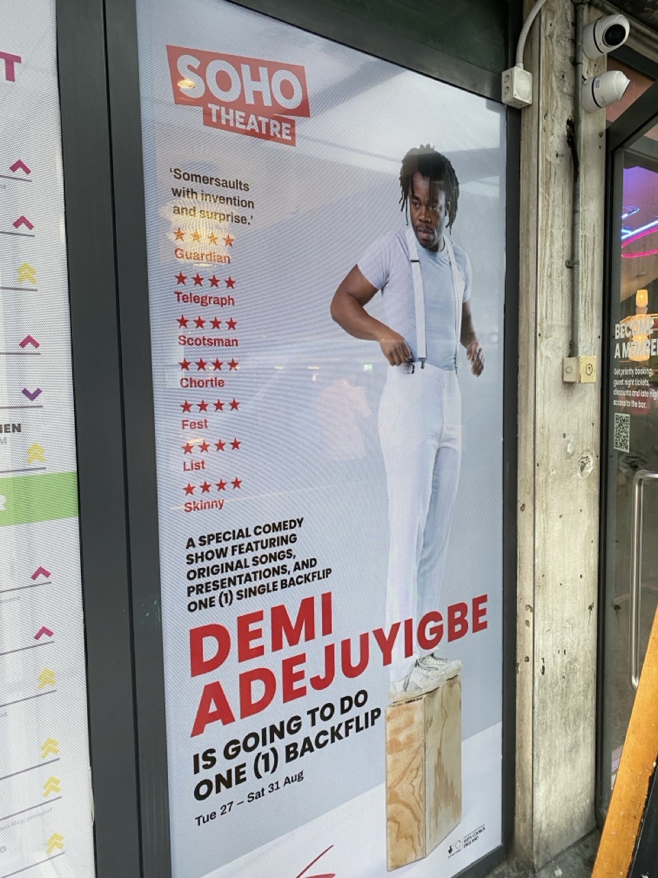 The poster outside Soho Theatre for “Demi Adejuyigbe is going to do one (1) backflip”.