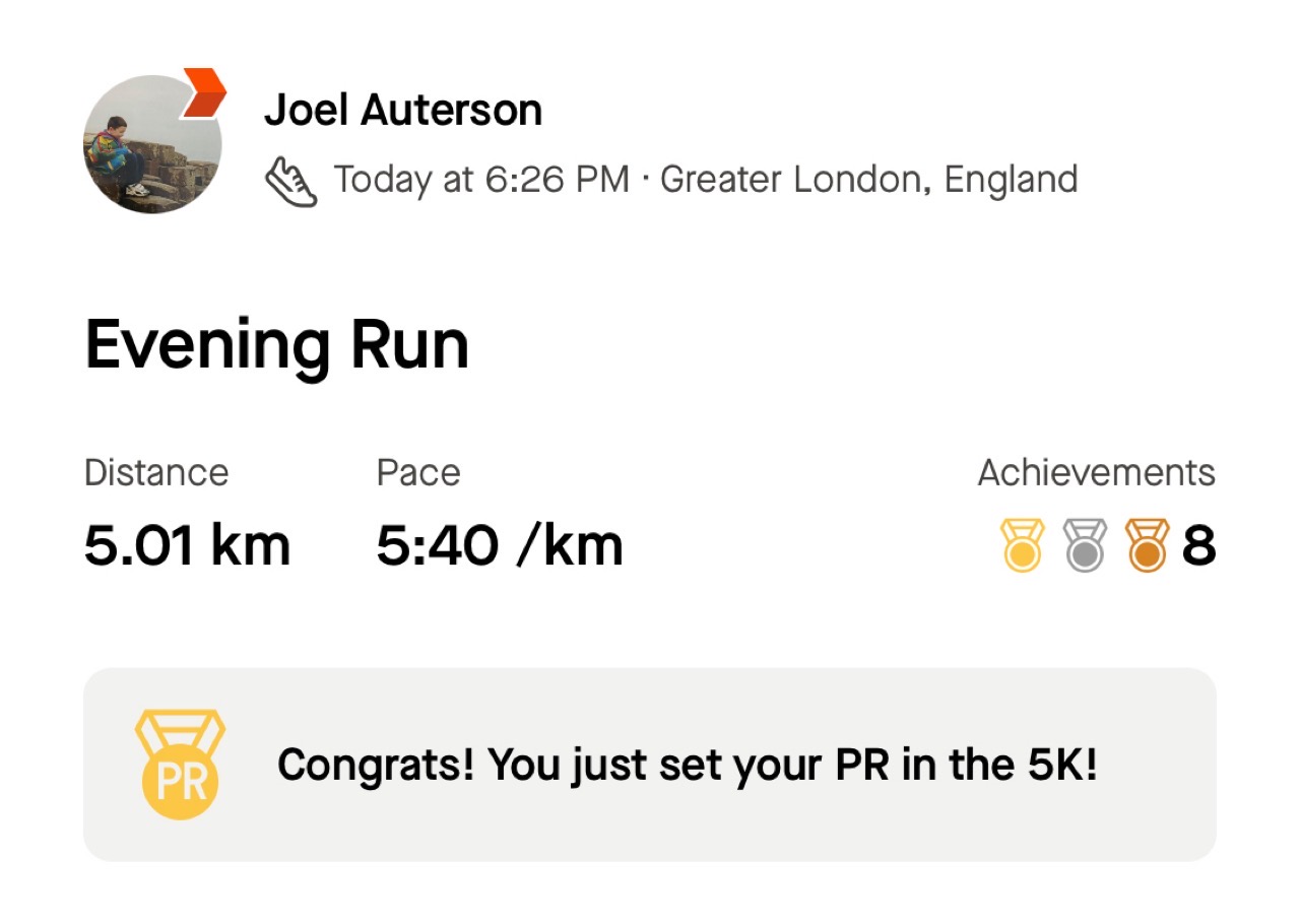 Strava screenshot showing a 5k at 5m40 pace