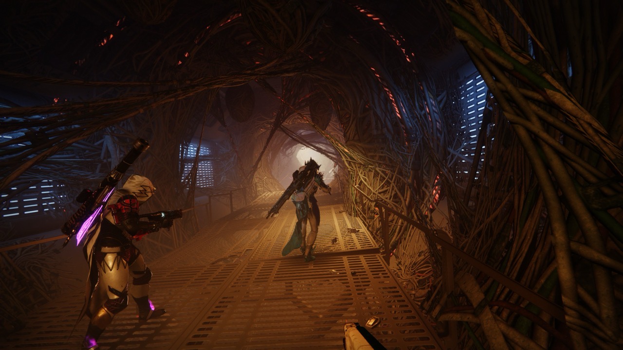 A screenshot from Destiny 2 showing two guardians in a spooky corridor.