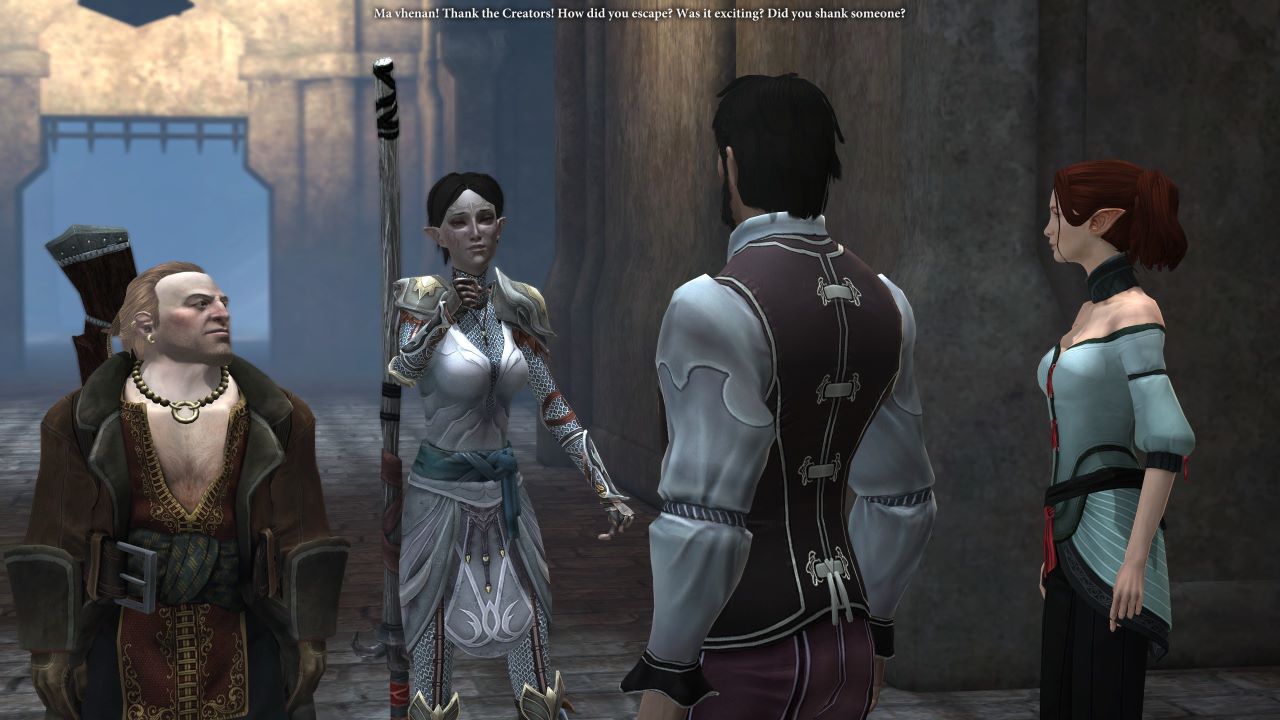 A screenshot from Dragon Age 2. The subtitle reads 'Ma Vhenan! Thank the Creators! How did you escape? Was it exciting? Did you shank someone?'