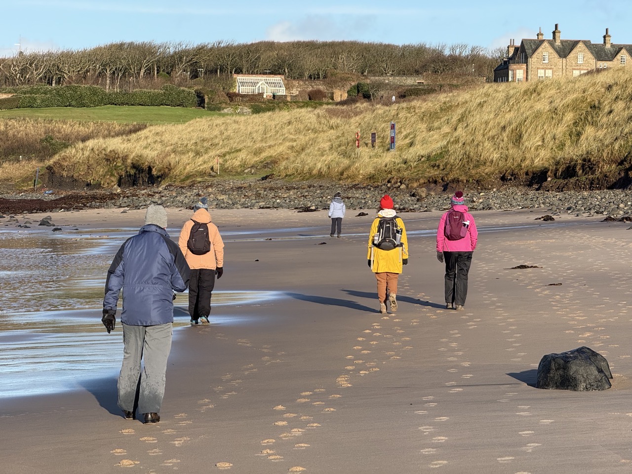 Lucy, her parents and my parents strolling along a beach under a blue sky. Everyone is wrapped up warm.