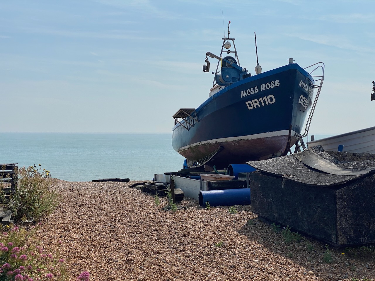 A boat on the shoreline. It's called 'Moss Rose'.