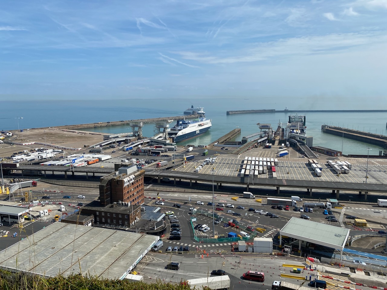 Dover Port with lots of boats and lorries.